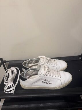 Saint Laurent White Leather Sneakers with Black Heel Tab